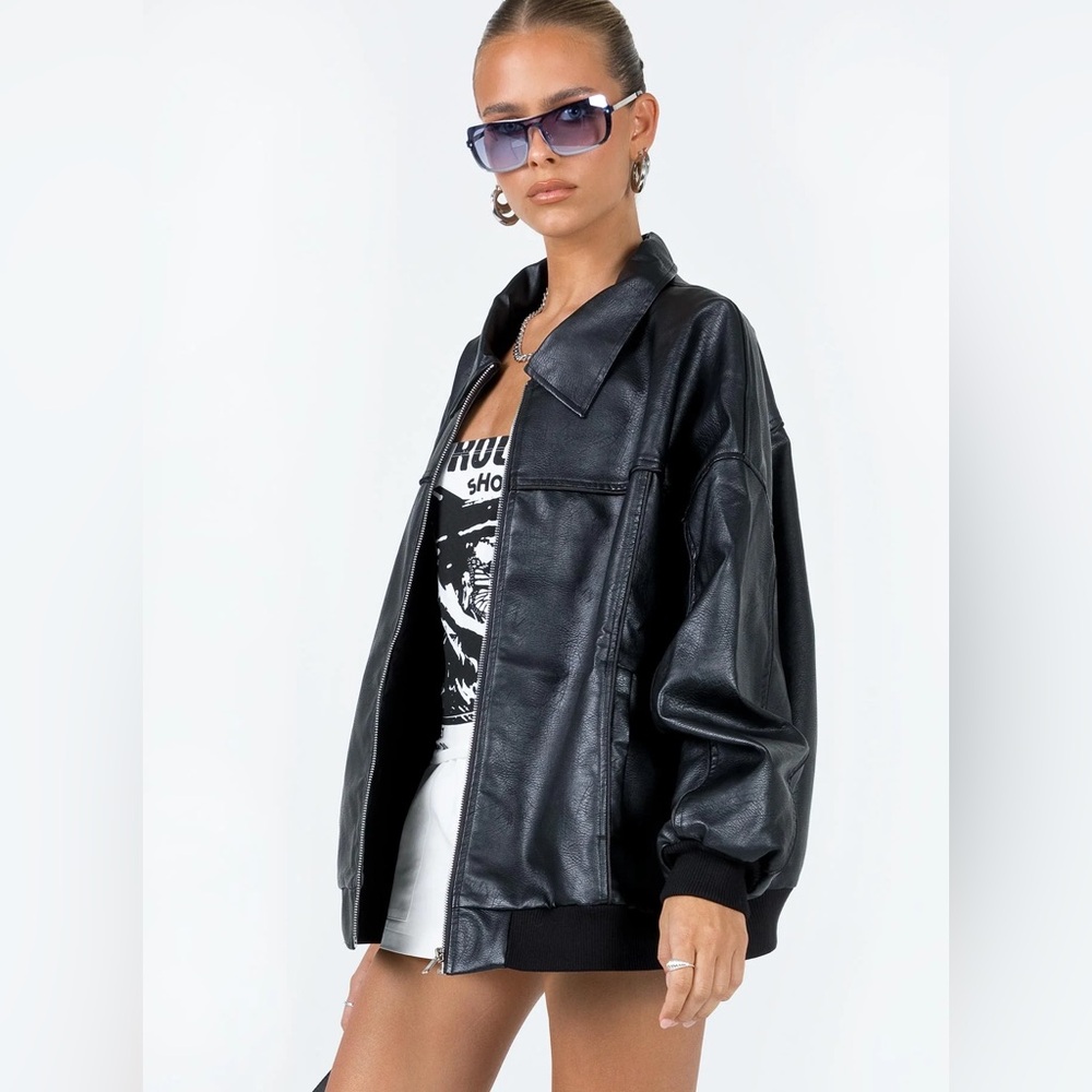 Princess Polly Goldsmith Faux Leather Bomber Jacket Black Oversized US 6 - Picture 3 of 15